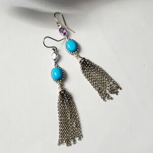 Sterling Silver 925 Turquoise and Amethsyt Dangle Earrings